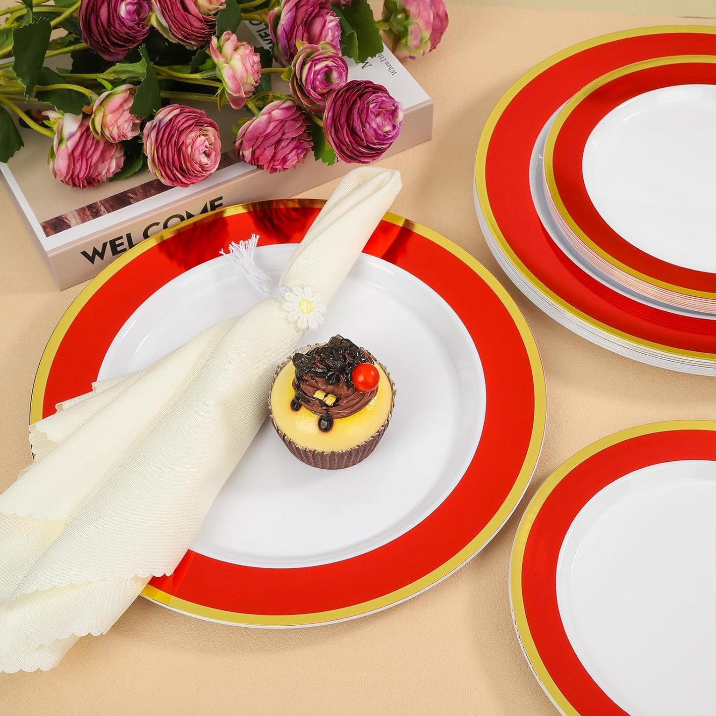 100Pack Plastic Plates Disposable Heavy Duty for Christmas Include 50PCS 10.25inch Dinner plates and 50PCS 7.5inch Dessert Plastic Plates for Party Wedding Birthday New Year,Red