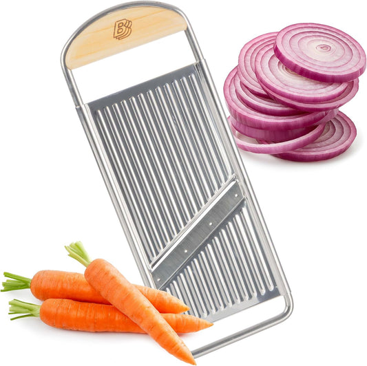 Handheld Mandoline Slicer for Kitchen - Stainless Steel Flat Mandolin with Cherrywood Handle - Julienne Cutter for Vegetable and Fruits - Italian Made Kitchen Gadgets by Kings County Tools