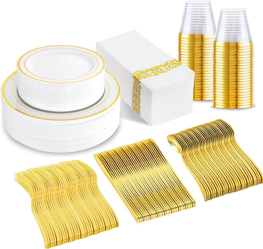 175 Pcs Gold Dinnerware Set, Plastic Plates Disposable for 25 Guests Include:25 Rim Dinner Plate, 25 Dessert Plate, 25 Paper Napkins, 25 Cups, 25 Gold Silverware Set Perfect for Party