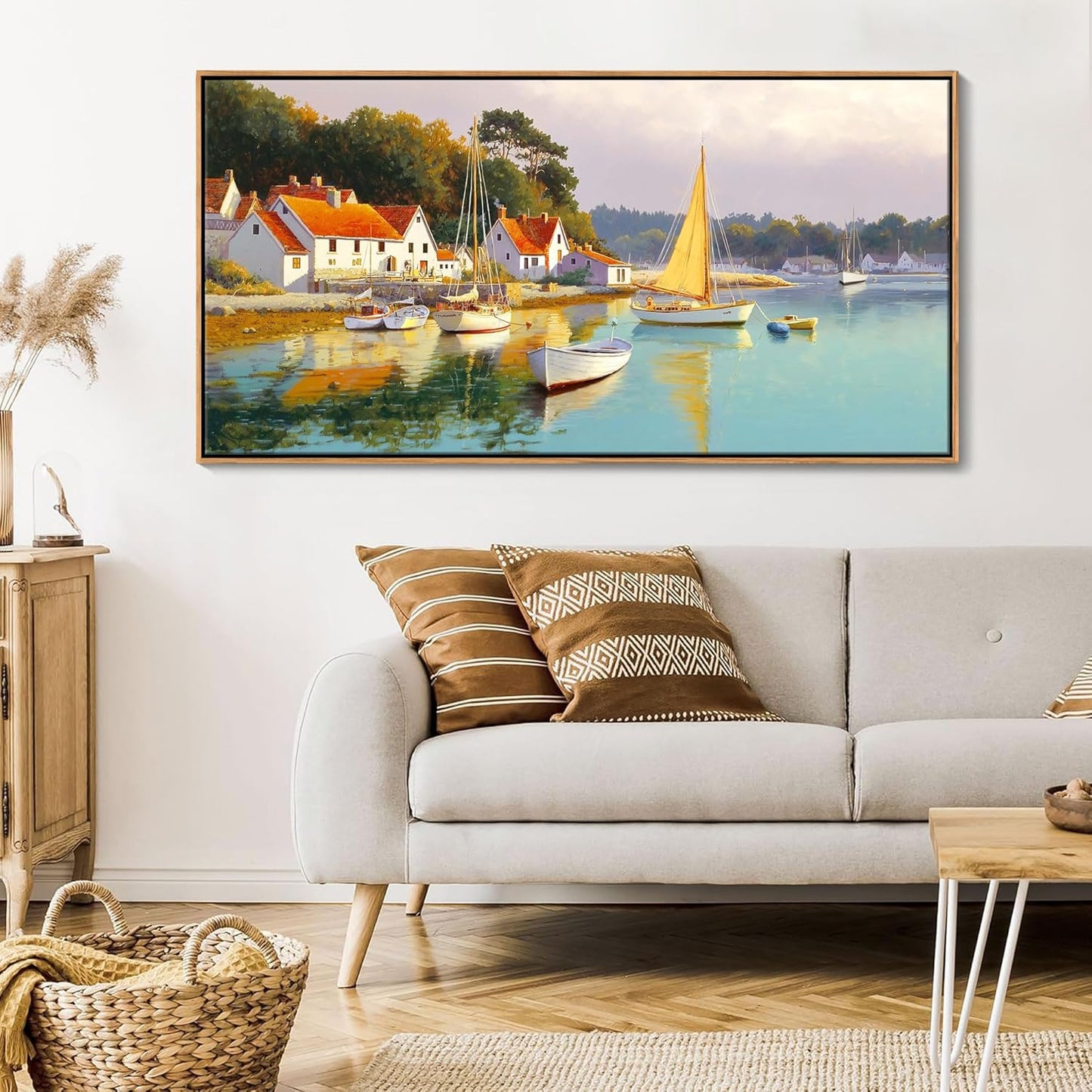 AJAZIKO Coastal Wall Art - Rustic Ocean & boat Canvas Art for Living Room & Bedroom Decor - Framed Landscape Artwork for Walls - Italian Farmhouse & Country Wall Decor Print Pictures20x40IN