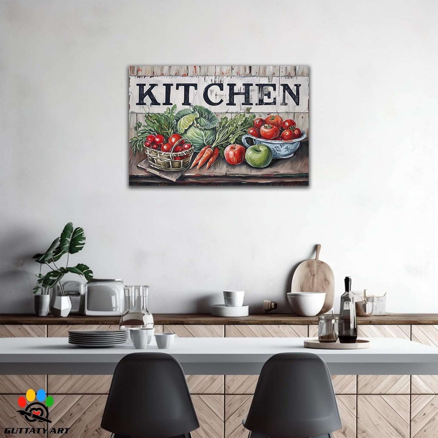 GUTTATY Kitchen Pictures Wall Decor, Farmhouse Wall Art Decor Colorful Fruit And Vegetable Painting for Dinning Room Restaurant Decor, Mother's Day Gift for Grandma Mom Hanging Artwork 24×36 Inch