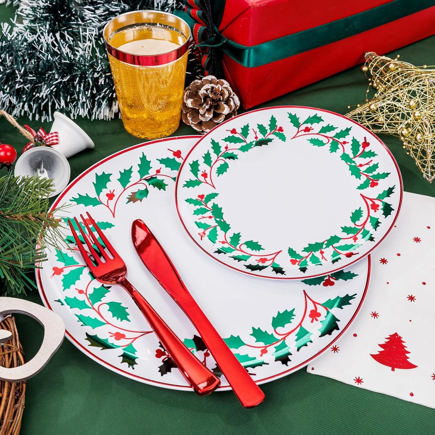 WDF 175Pcs Disposable Christmas Plates & Napkins - 25 Dinner & Dessert Plates, 25 Utensils, 25 Cups, 25 Christmas Napkins
