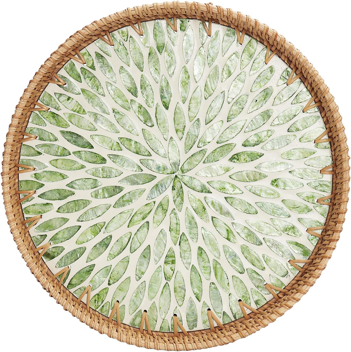 Round Rattan Tray with Mother of Pearl Inlay 11.8 inch, Decorative Serving Tray for Coffee, Bread, Fruit, Woven Wicker Tray for Boho, Coastal, Home Decor(Green Leaf)