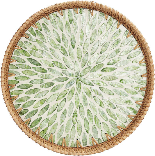 Round Rattan Tray with Mother of Pearl Inlay 11.8 inch, Decorative Serving Tray for Coffee, Bread, Fruit, Woven Wicker Tray for Boho, Coastal, Home Decor(Green Leaf)