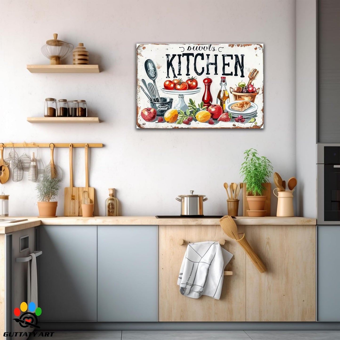 GUTTATY Farmhouse Wall Art Rustic Kitchen Decor, Ready to Hang Kitchen Wall Print Various Fruits and Kitchen Utensil,Vintage Posters Prints for Dinning Room Home Kitchen Restaurant Painting 28×40 Inch