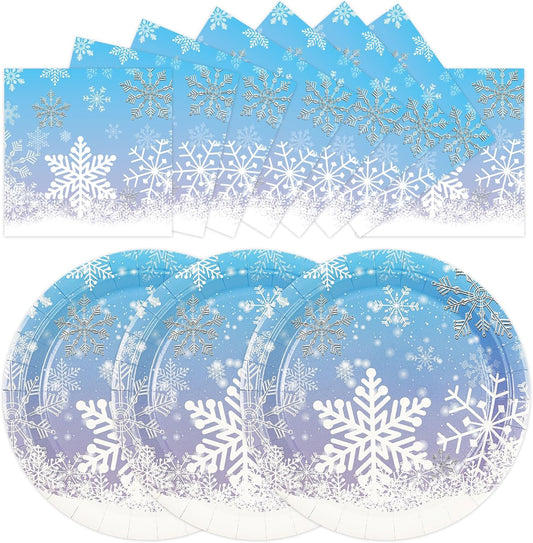 50PCS Frozen Plates and Napkins Party Decorations, 7inch Frozen Paper Dessert Plates and Napkins Disposable Winter Snowflake Tableware Sets for Christmas Winter Wonderland Party Supplies Table Decor