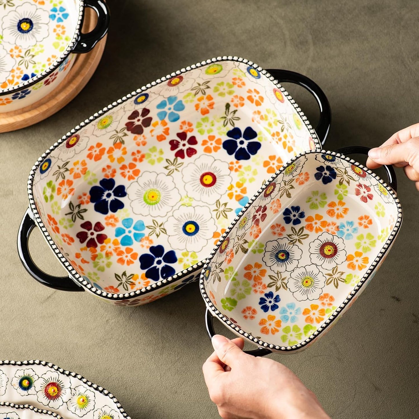 Retro pastoral style Ceramic Baking Dish Rectangular Bakeware Set Baking Pan, 2-piece Hand-painted Porcelain Baking pan with handle, Casserole Dish for Oven/Cooking/Kitchen (Green Traces)