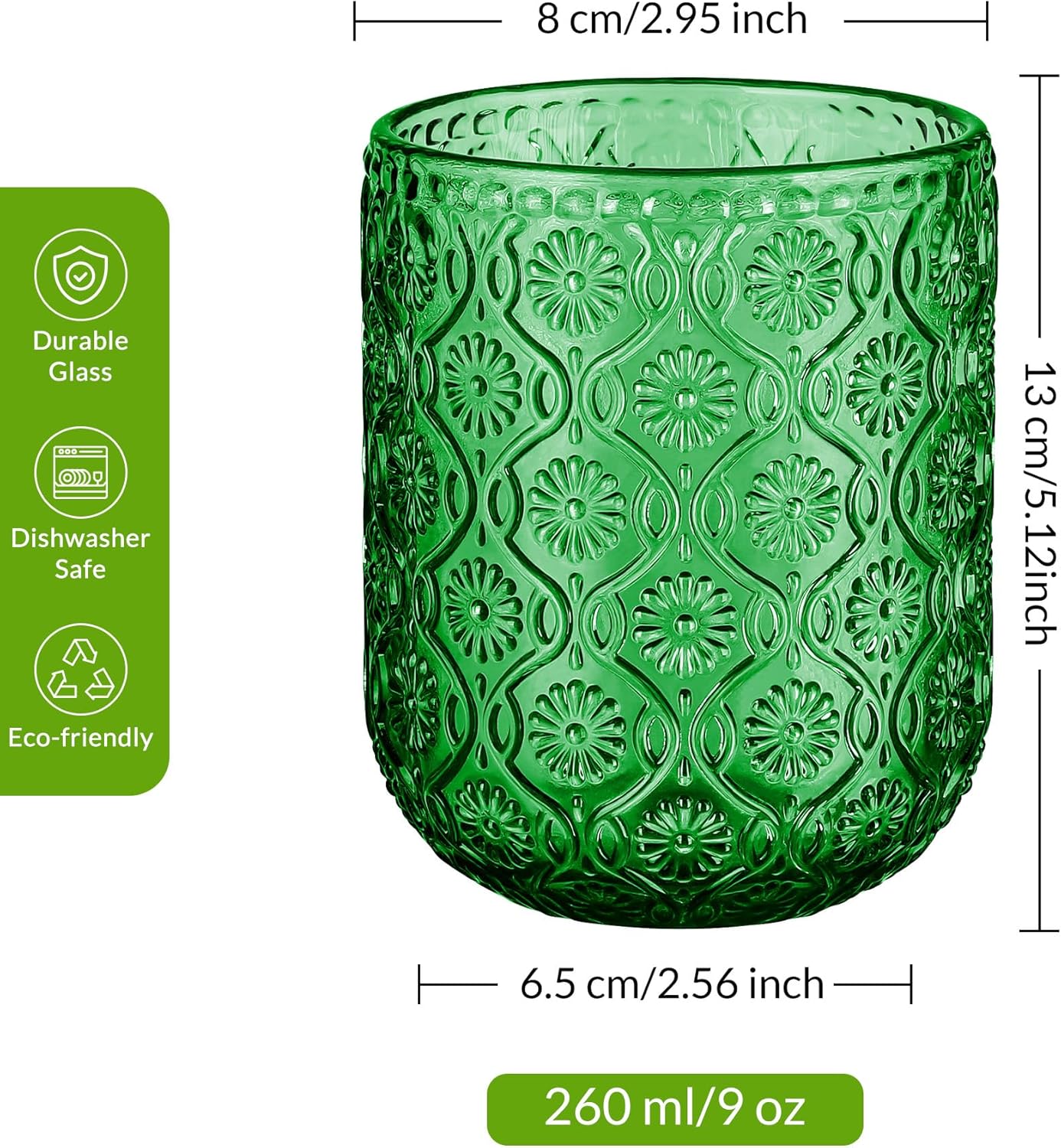 Joeyan Small Drinking Glasses,Vintage Green Embossed Floral Water Glass Tumbler Cups,Colored Beverages Cocktail Juice Wine Glassware,9 oz,Set of 4,Dishwasher Safe