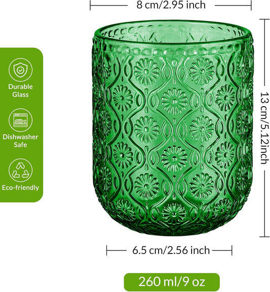 Joeyan Small Drinking Glasses,Vintage Green Embossed Floral Water Glass Tumbler Cups,Colored Beverages Cocktail Juice Wine Glassware,9 oz,Set of 4,Dishwasher Safe