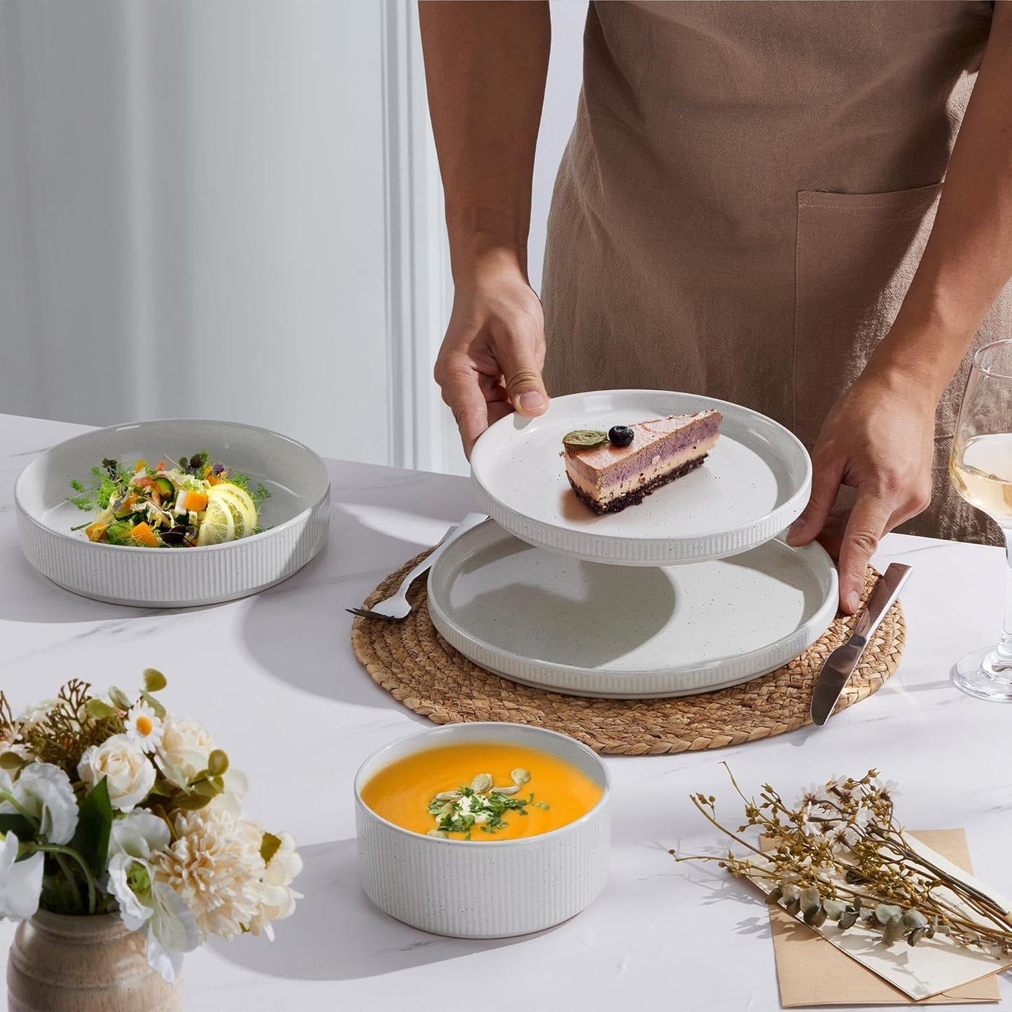 E-far 16 Piece Dinnerware Sets, Plates and Bowls with Pasta Bowls Service for 4, Modern Stoneware Ribbed Dishes for Kitchen Dining, Microwave & Dishwasher Safe, Speckled White