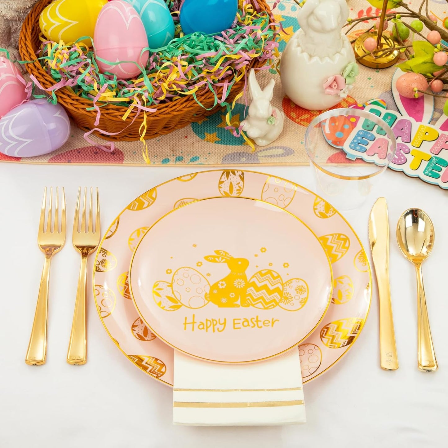 GATHER 175Pcs Easter Plates with Gold Bunny - Pink Plastic Plates Dinnerware Includes 25 Easter Egg Plates and 25 Dessert Plate, 25 Silverware, 25Cups, 25 Napkins, Perfect for Easter Party