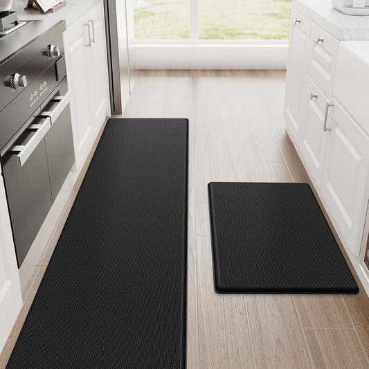 StepRite Kitchen Mats, 2PCS Kitchen Rugs, Cushioned Anti Fatigue Kitchen Mats for Floor, Non-Slip Standing Desk Mat, Waterproof Kitchen Rug Set for Kitchen, Floor, Office, 17.3"x30"+17.3"x70", Black