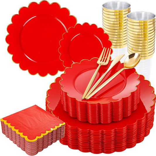 LIYH 210 Pcs Red Plastic Plates Christmas Plates and Napkins Disposable Christmas Dinnerware Set Gold Rim Scalloped Plate Include Dinner & Dessert Plate Gold Plastic Silverware Cups for Party Xmas Day