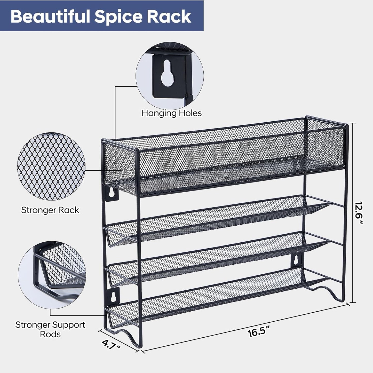 Spice Rack Organizer with 27 Spice Jars with Black Lids, Funnel, Spice Labels, Pen, Seasoning Organizer for Cabinet, Countertop, Pantry, Kitchen,Cupboard or Door & Wall Mount
