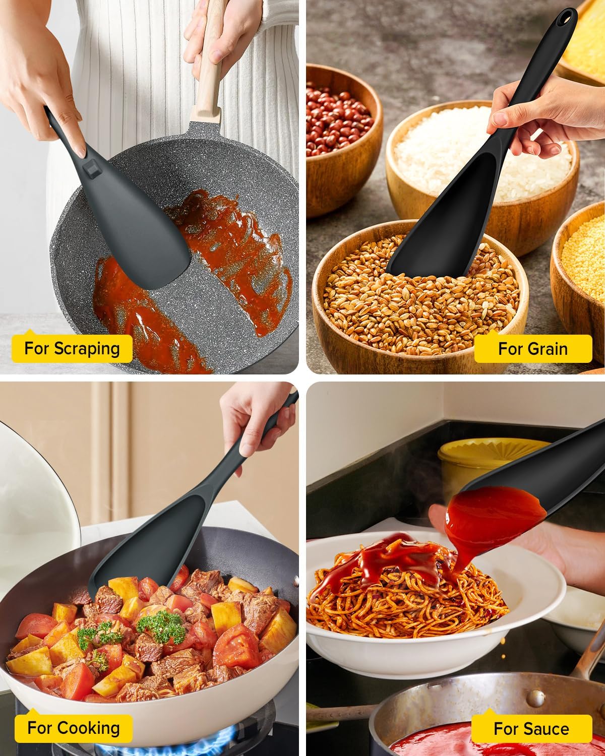 Pack of 2 Cooking Spoons for Non Stick Cookware, Multifunction Spatula Spoon BPA-Free, One-Piece Design, Suitable for Scooping, Scraping, Serving and Mixing(BLACK-GRAY)
