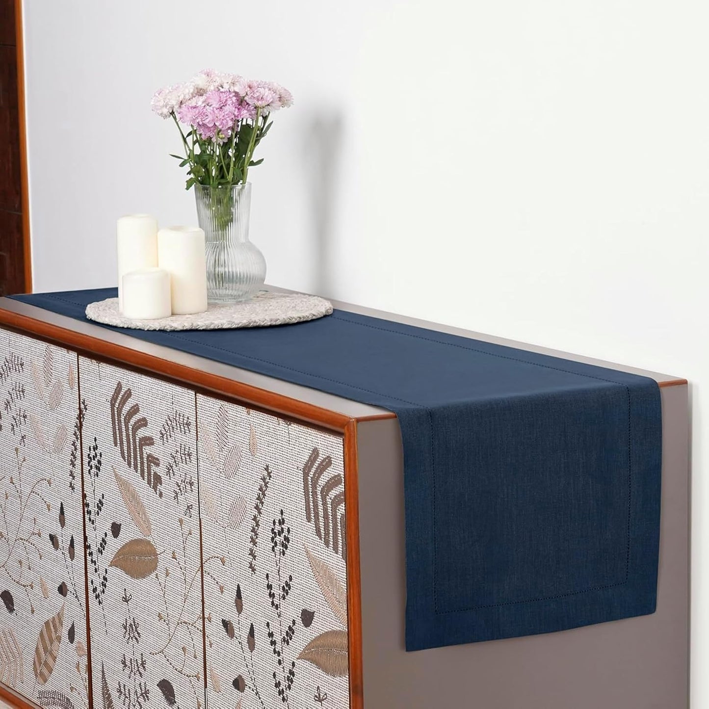 D'Moksha Homes Linen Navy Blue Table Runner 60 Inches - Classic Hemstitch, 100% Pure Linen Coffee Table Runner 14 x 60 Inch Ideal for Dresser Tables - Fall, Autumn and Halloween