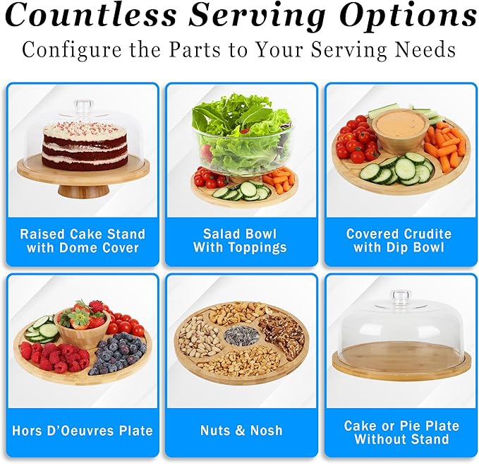 JOEY'Z 6 in 1 Large Bamboo Wood Cake Stand with Lid - Multiuse Wooden Cake Stand with Dome Acrylic Cake Cover/Cake Dome - Cake Holder With Lid - Bamboo Base Punch Bowl - Cake Stands