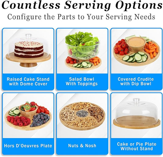 JOEY'Z 6 in 1 Large Bamboo Wood Cake Stand with Lid - Multiuse Wooden Cake Stand with Dome Acrylic Cake Cover/Cake Dome - Cake Holder With Lid - Bamboo Base Punch Bowl - Cake Stands