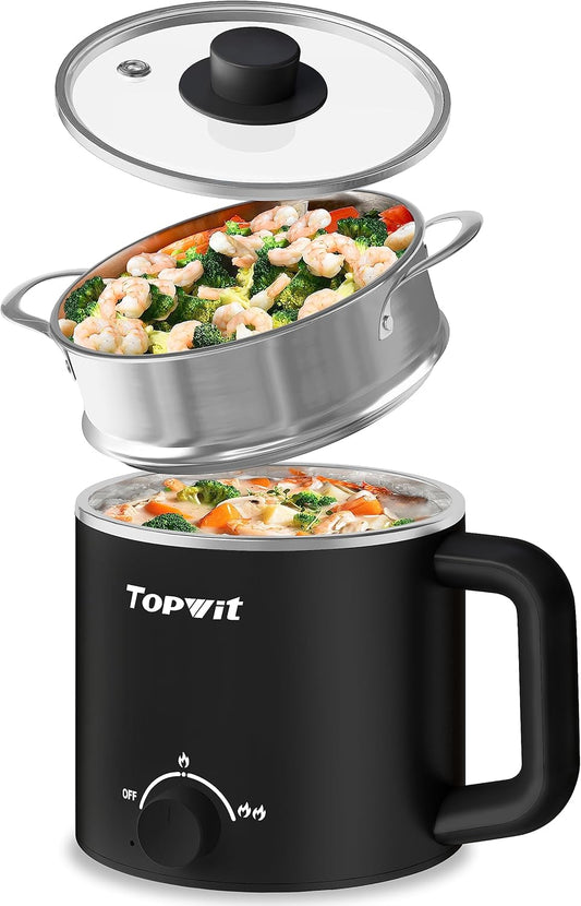 Topwit Hot Pot Electric with Steamer, 1.6L Ramen Cooker, Electric Pot for Pasta, Shabu-Shabu, Oatmeal, Soup and Egg, Portable Cooker with Dual Power Control, Dorm Room Essentials, Black