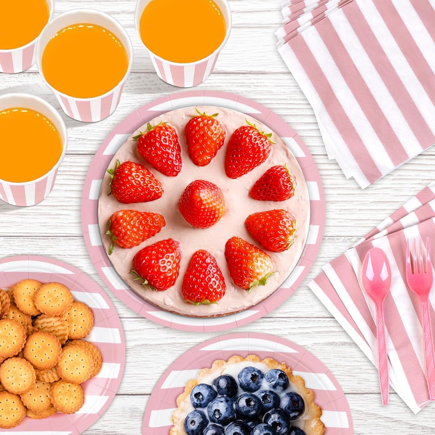 168Pcs Pink and White Party Supplies Disposable Paper Plates Napkins Cups Knives Spoons Forks For Wedding Baby Bridal Shower Serve 24