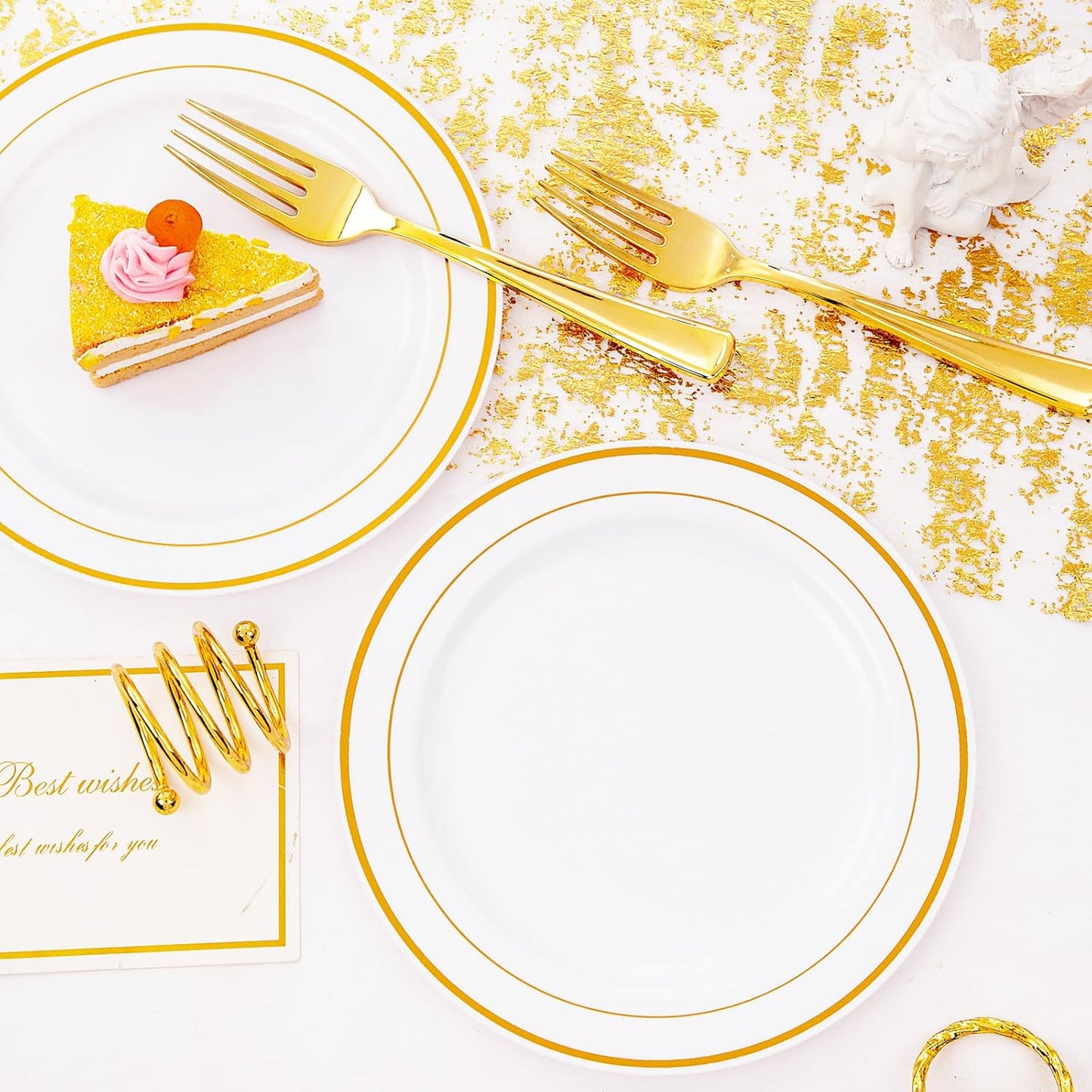 I00000 144 Small Plastic Dessert Plates Set Include 72 Pcs Gold Dessert Plates 7.5" with 72 Pcs Forks 7.5",Disposable Cake Plate,Fancy White Gold Plastic Small Plates for Party