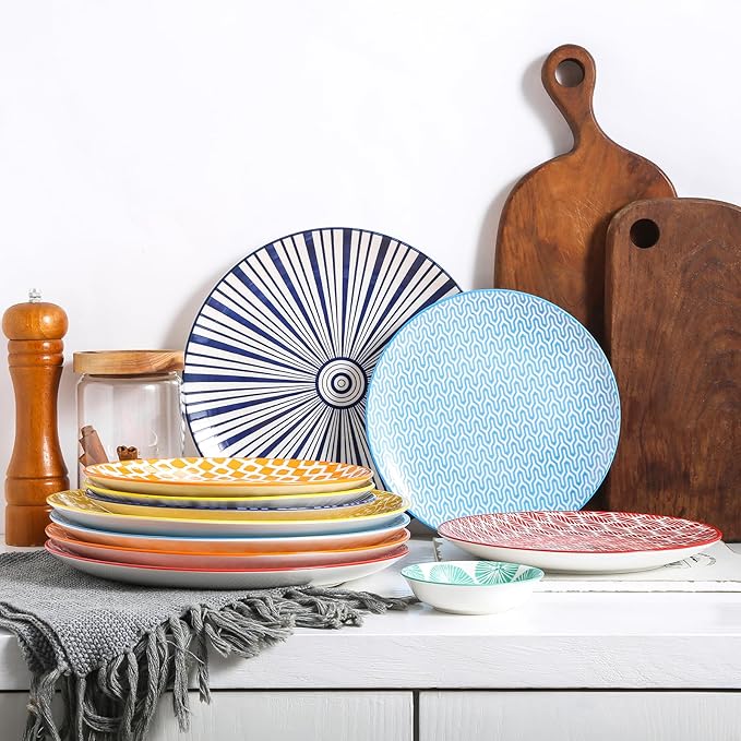 Selamica Ceramic Dinnerware Sets for 6, 18 Pieces Plates and Bowls Set, Scratch Resistant Dishes Set, Dishwasher&Microwave Safe, Assorted Colors