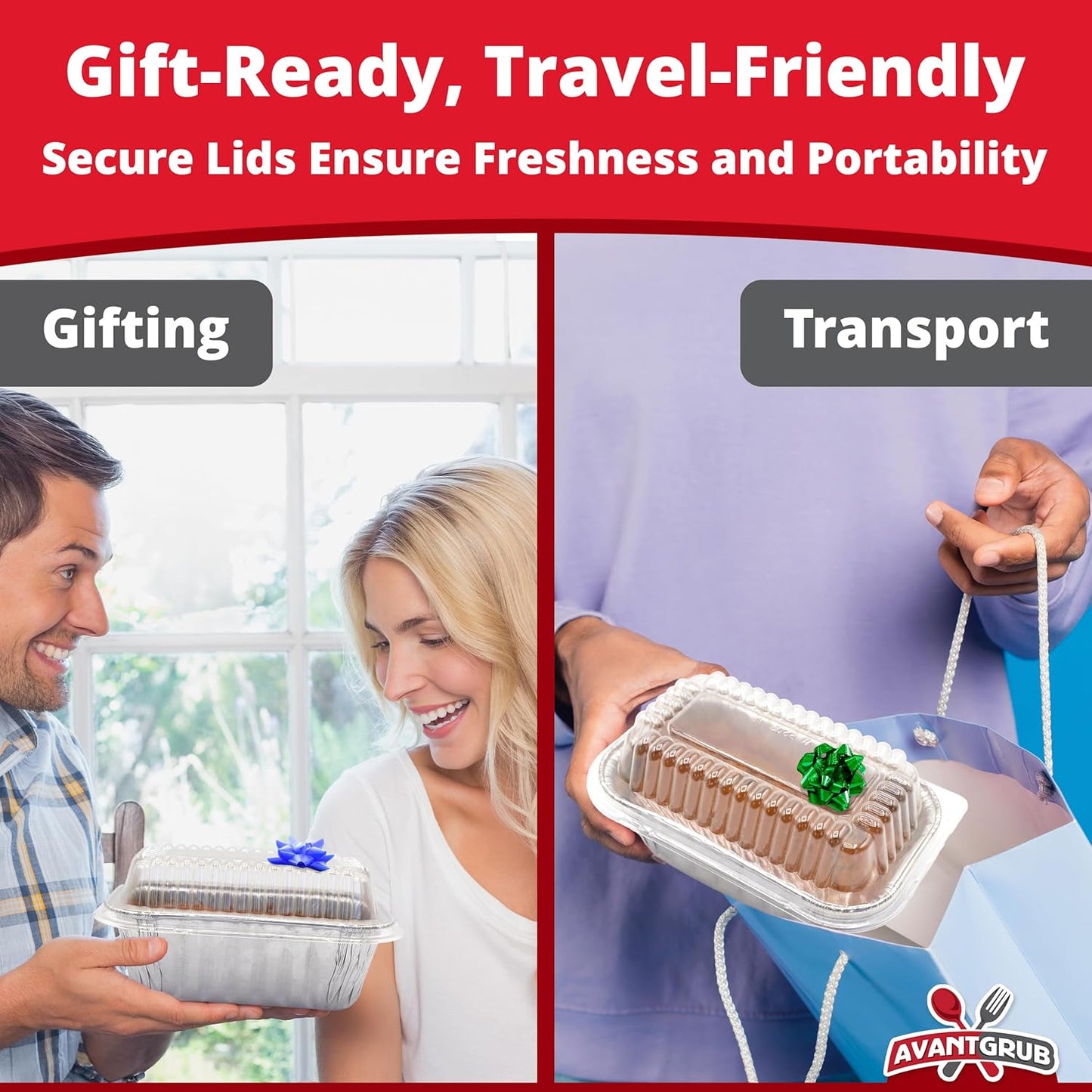 Avant Grub Baking Pan Chef-Grade Quality Extra Thick BPA-Free 6 x 3.75in Tin Loaf Pans w/Lids 25 Pk. Best Disposable Bakeable 1Lb Aluminum Foil Pan for Baking Bread, Small Meatloaf, Lemon Bundt Cake.