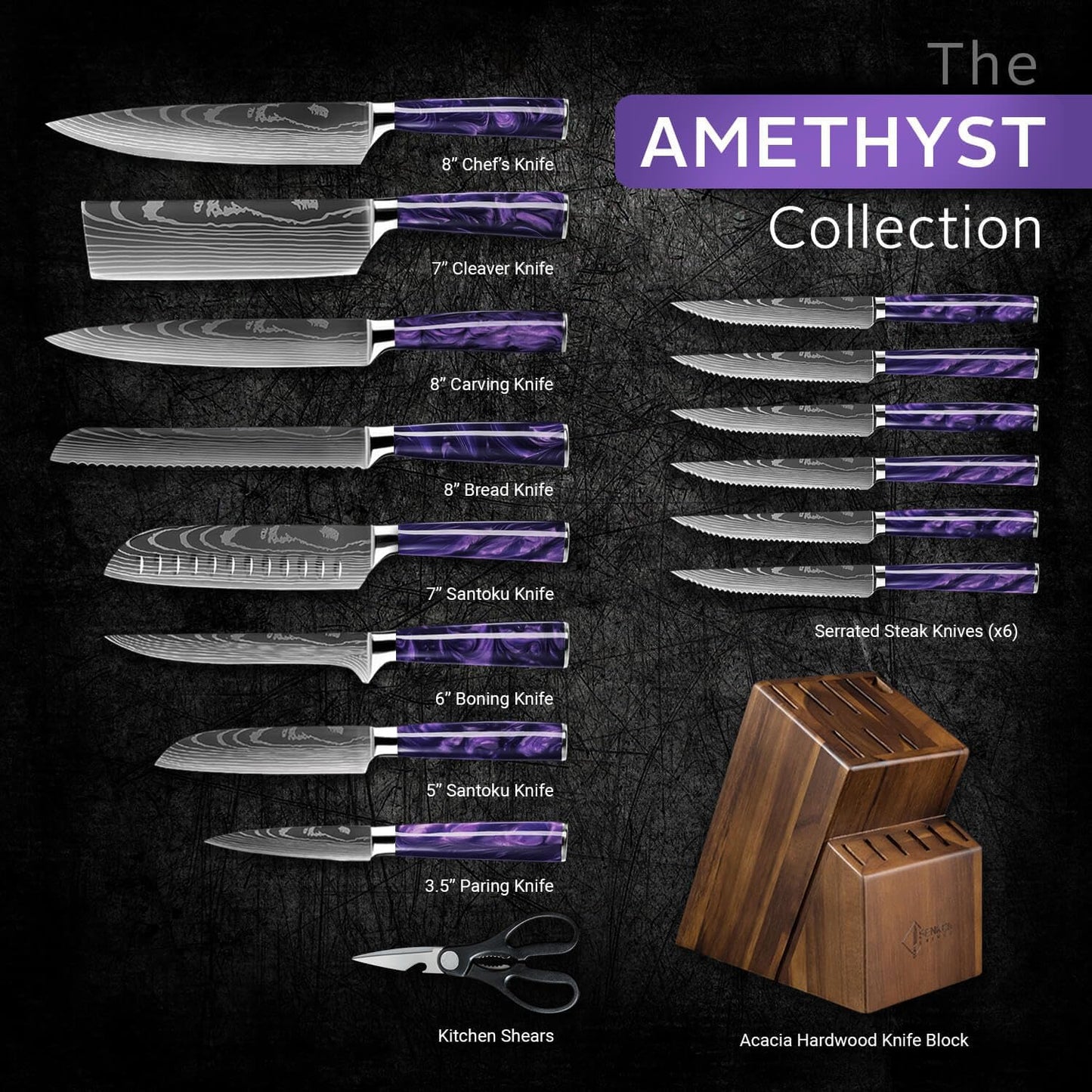 SENKEN 16-Piece Kitchen Knife Block Set - Japanese Chef's Knife Set with Laser Damascus Pattern, Includes 6 Steak Knives and Smoothly-Finished Acacia Hardwood Knife Block (Purple Resin Handles)