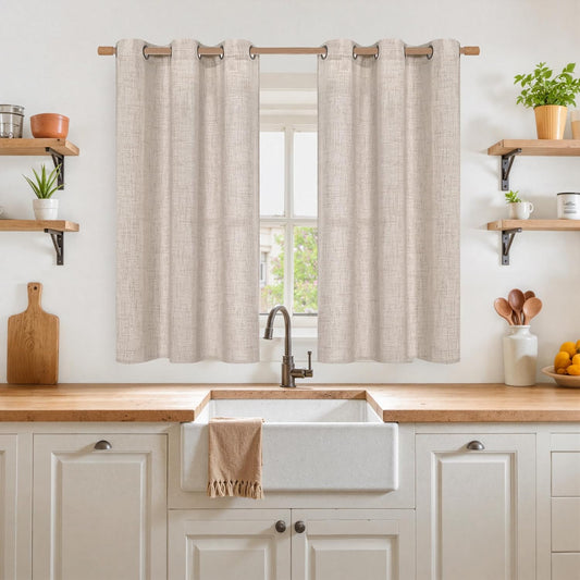 YoungsTex Short Linen Curtains 48 Inches Length for Small Window, Light Filtering Drapes with Bronze Grommet Textured Sheer Privacy for Kitchen Bathroom, 34 x 48 Inch, 2 Panels