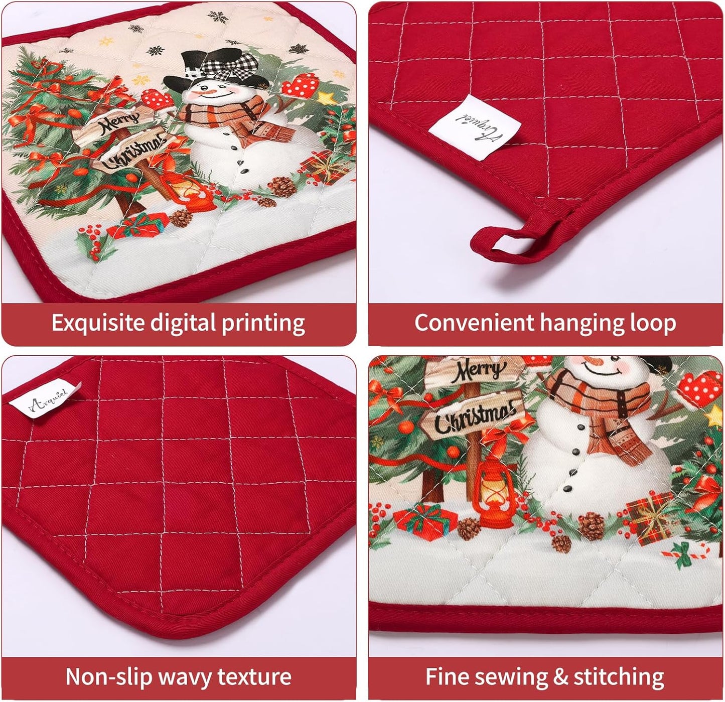 Christmas Deer Snowman Oven Mitts and Pot Holders Sets 2Pcs, 100% Cotton Heat Resistant, Extra Long Oven Gloves Potholder for Kitchen Cooking Baking Decoration