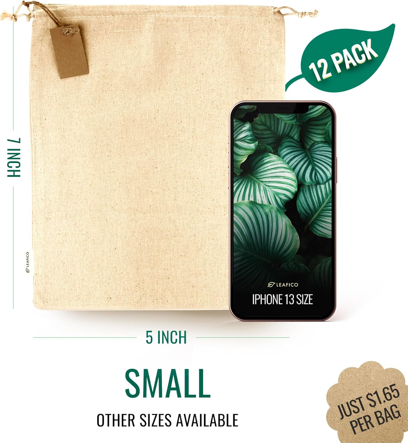 LEAFICO Organic Cotton Reusable Produce Bags - Small 5x7 (12 Pack) - Biodegradable Eco-Friendly Bulk Bin Sacks for Food - Cloth Bags with Drawstrings - Linen Pouch for Fruit, Vegetable Storage