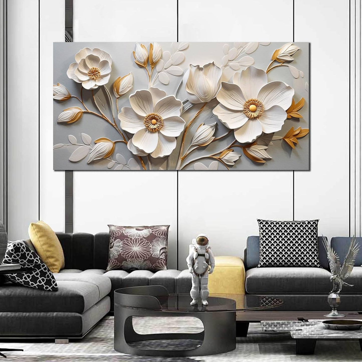 AOZEMI Floral Wall Decorations White Pictures Botanical Flower Canvas Gold Wall Art 29x59 Modern Big Artwork for Living Room Bedroom Office