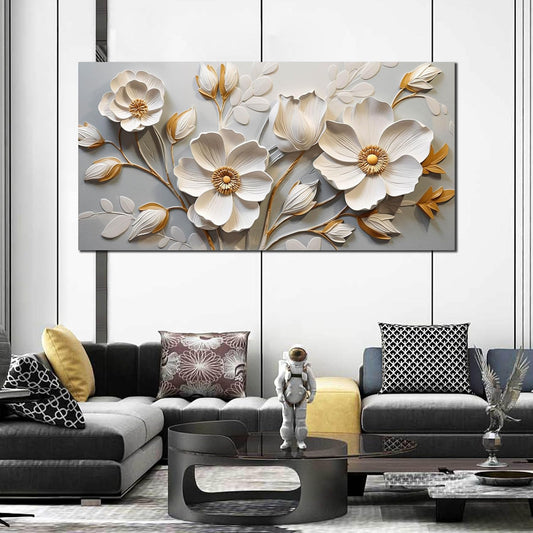 AOZEMI Floral Wall Decorations White Pictures Botanical Flower Canvas Gold Wall Art 29x59 Modern Big Artwork for Living Room Bedroom Office