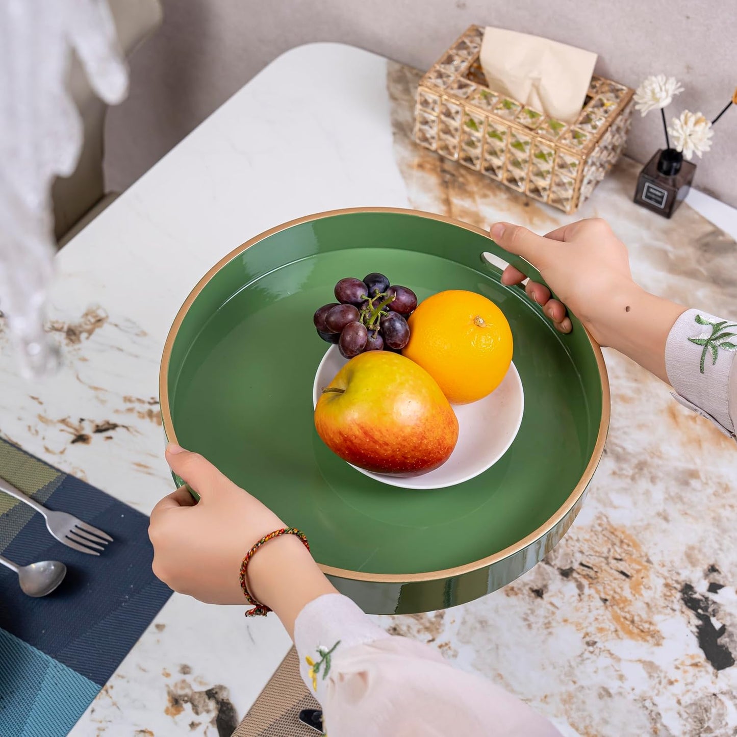 PEMAR 12.6" Round Lacquer Serving Tray with Insert Handle Decorative Basket Tray for Breakfast, Dinner, Coffee Table Decor (Green)