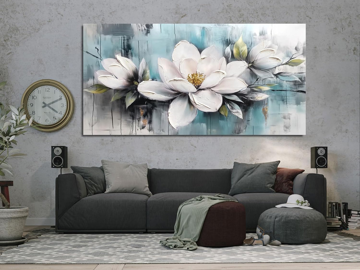 Ardemy Magnolia Wall Art for Living Room, Extra Large White Floral Canvas Wall Art Bedroom Painting Pictures Wall Decor Teal Flower Artwork for Walls Home Office Dining Room, 58"x29"