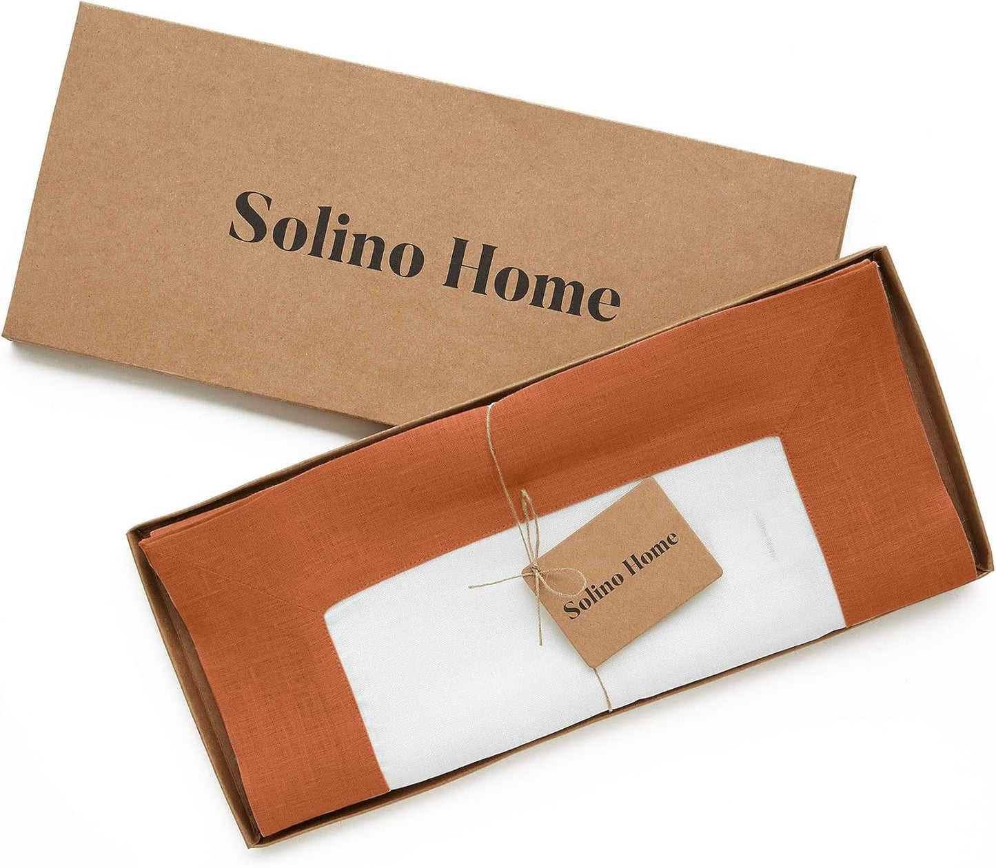 Solino Home Linen Table Runner 60 Inches - 100% Pure Linen Cinnamon and White Small Table Runner 14 x 60 Inch Ideal for Dresser and Coffee Tables - Contempo - Fall, Autumn, Halloween, Thanksgiving