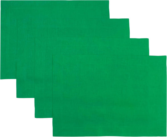 D'Moksha Homes Linen Kelly Green Placemats Set of 4-100% Pure Linen Placemats 14 x 19 Inch for Fall, Autumn and Halloween - Handcrafted and Machine Washable