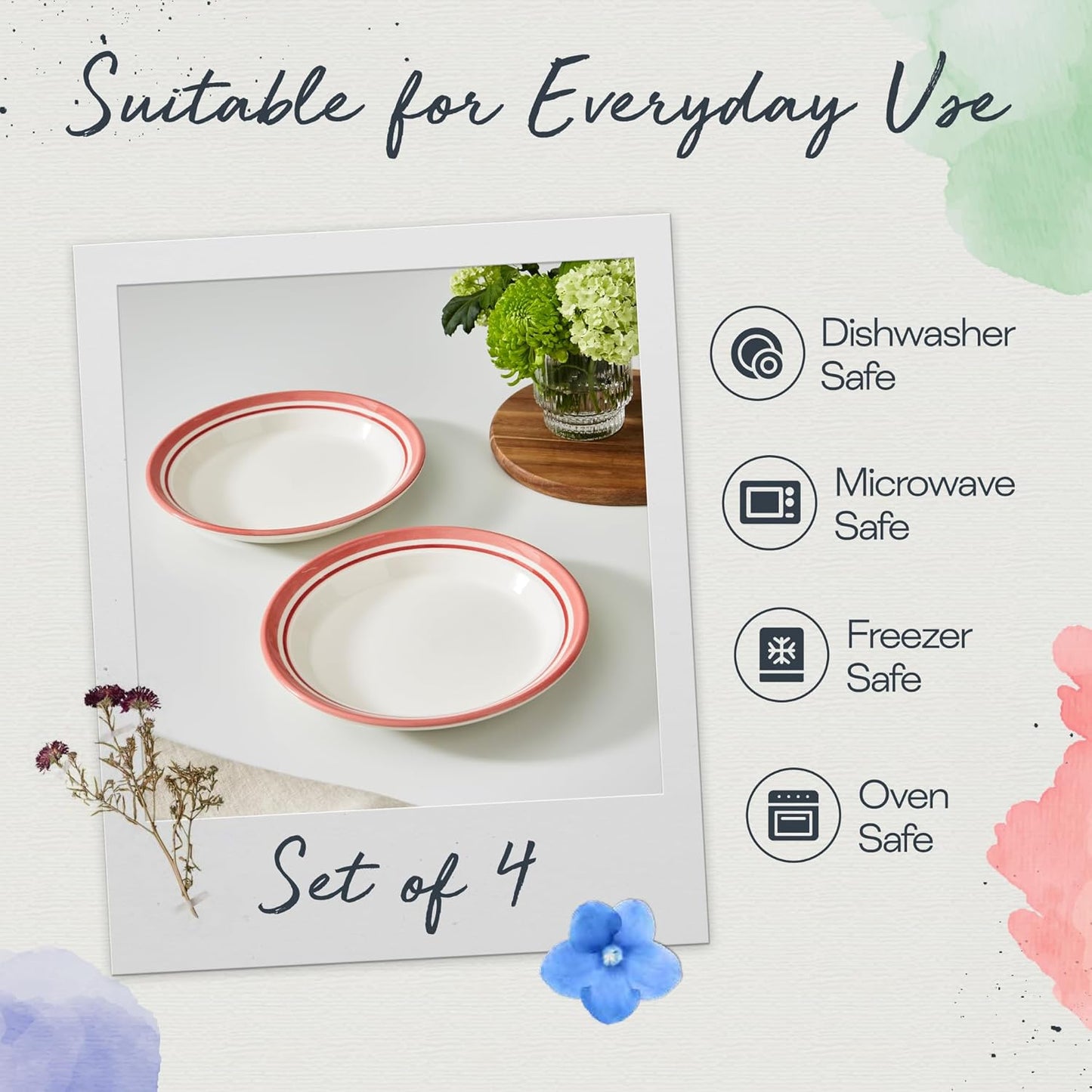 Portmeirion Potter's Stripe 8" Dinner Plate (Set of 4) - Handcrafted Earthenware Plates with Accent Rim, Microwave & Dishwasher Safe - Ideal Tableware for Modern & Traditional Dining (Red Stripe)