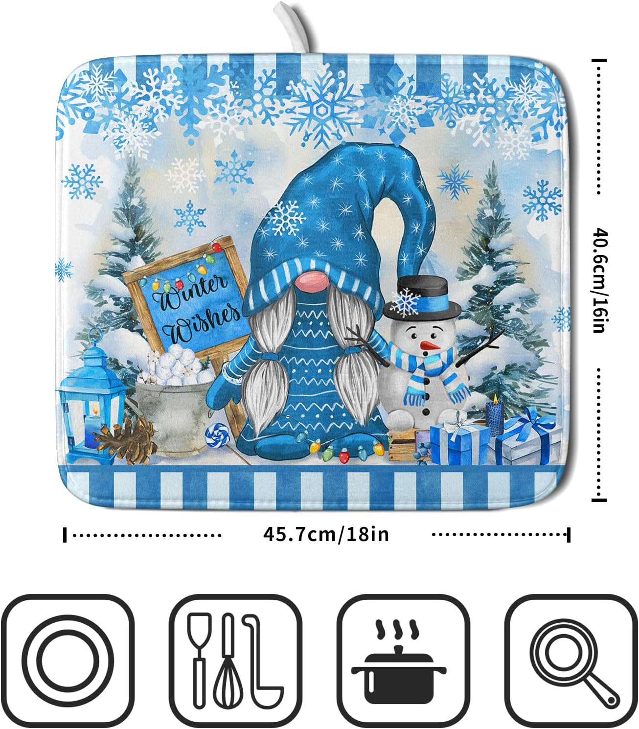 Winter Christmas Gnomes Dish Drying Mat 16x18 for Kitchen Counter Snowman Xmas Gift Tree Snowflake Large Absorbent Microfiber Fast Dry Dishes Draining Mats Holiday Kitchen Decor