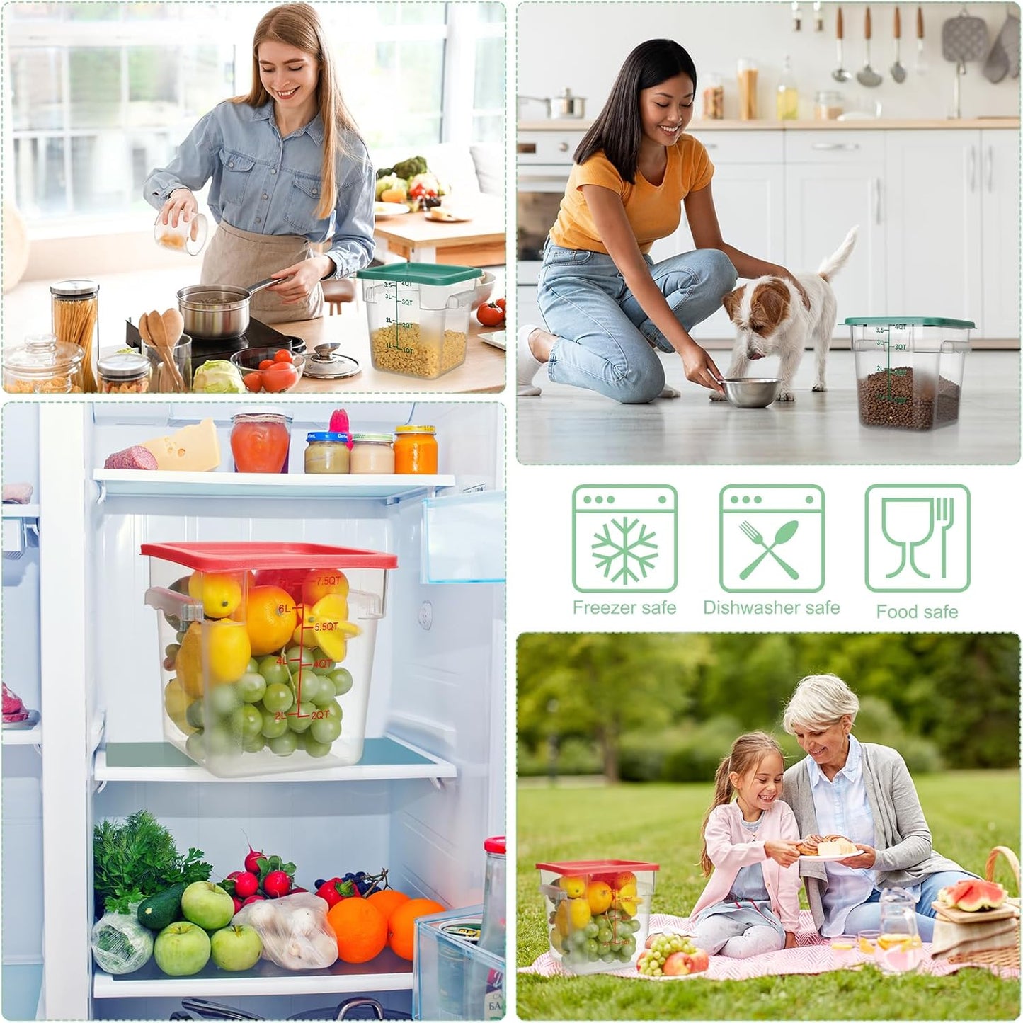 Lallisa 4 Pcs 8 Qt and 4 Qt Clear Food Storage Containers with Lids, Handles and Scales, Commercial Grade Square Containers Polycarbonate Air Tight for Home Storage Kitchen Restaurant(Red, Green)