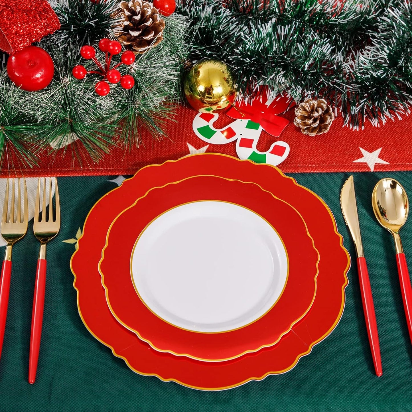 WDF 30Guest Red 4th of July Plates - Gold Plastic Silverware With Red Handle - Christmas Plates Disposable- Baroque Plastic Dinnerware for 4th of July
