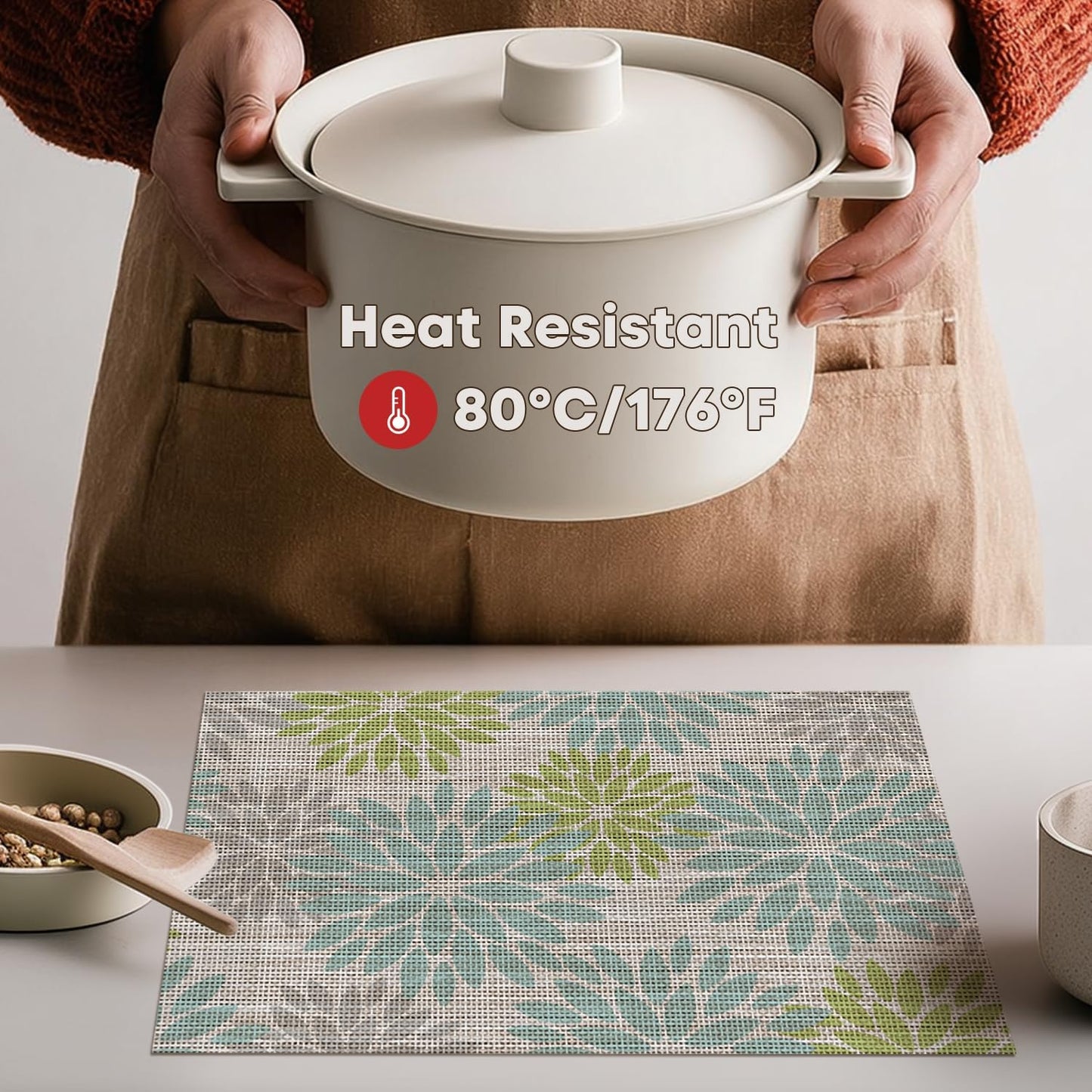 Artoid Mode Floral Vinyl Placemats Set of 4, Heat Resistant Washable Non-Slip Plistic PVC Place Mats for Party Kitchen Dining Decor, Sage
