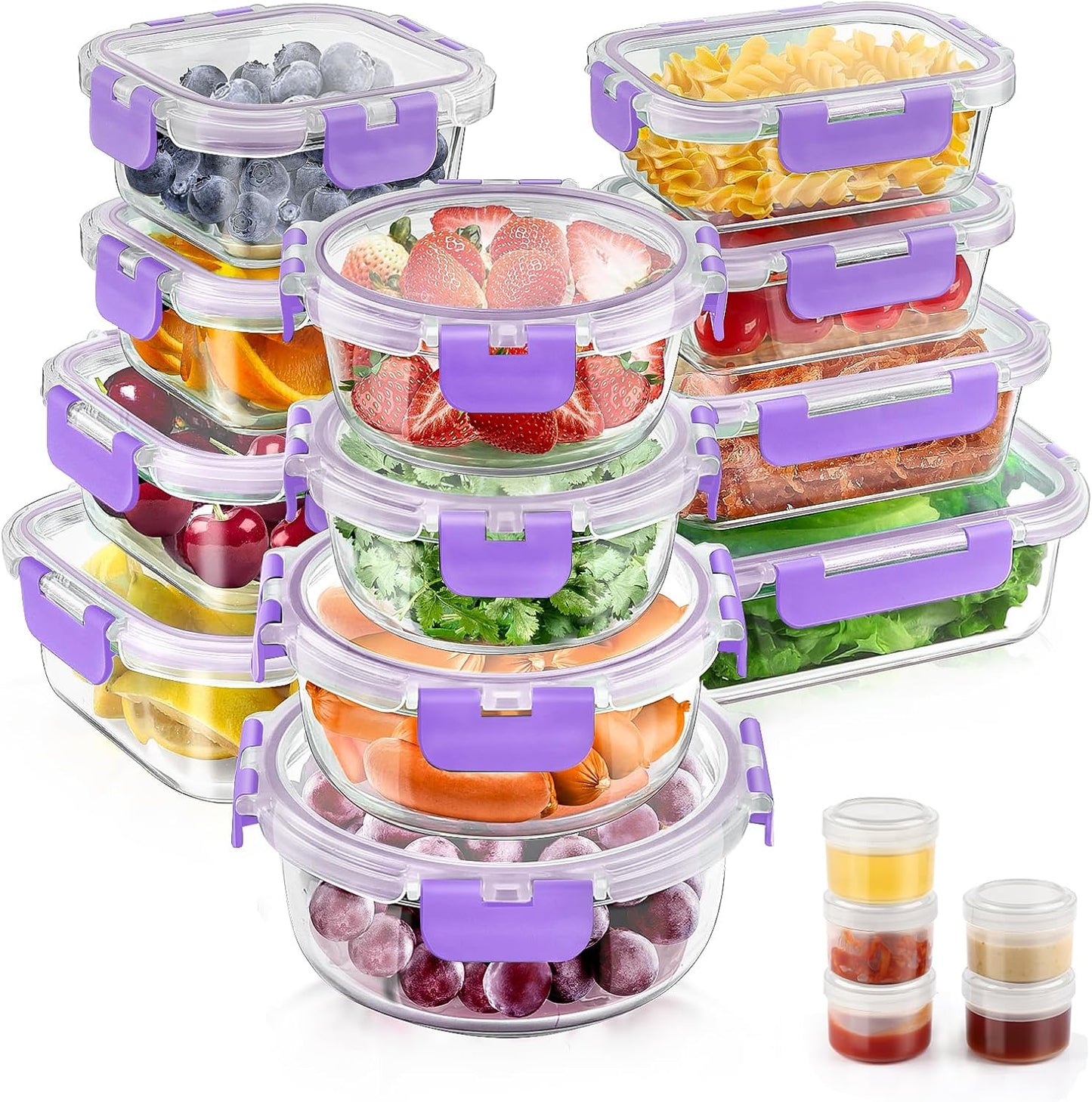 34pcs Glass Food Storage Containers with Lids Set, Airtight Glass Meal Prep Containers (17 Containers & 17 Lids), Leak Proof Lunch Container BPA-Free, Microwave, Oven, Freezer, Dishwasher Safe-Purple