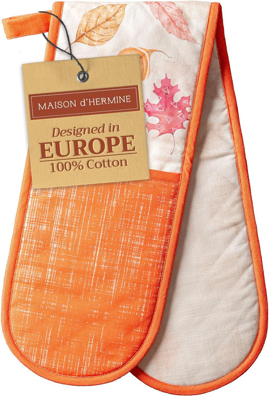 Maison d' Hermine Double Oven Mitt (7" x 35") 100% Cotton Heat Resistant BBQ Cooking Gloves with Loop for Thanksgiving Christmas Decorations Baking Cooking Handling Hot Pan (Colours of Autumn)