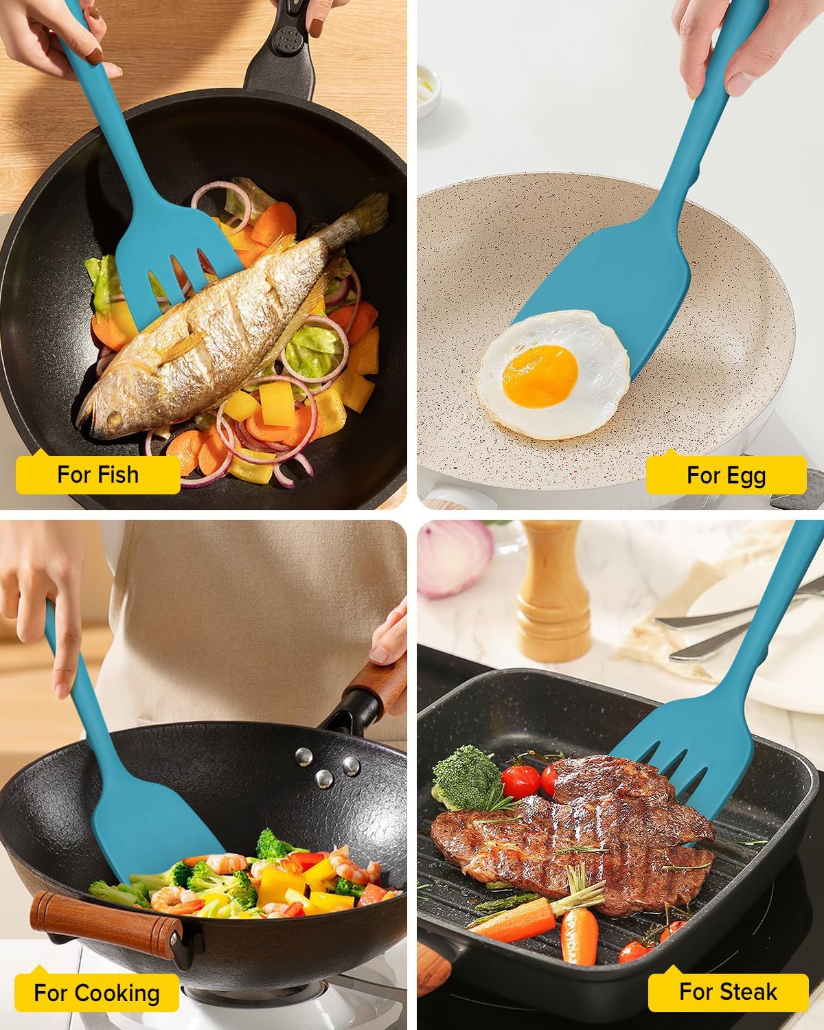 Pack of 2 Silicone Spatula Turners, Non Stick Slotted Kitchen Spatula Set, Heat Resistant BPA Free Kitchen Utensils, One-Piece Design, Suitable for Flipping Fish, Eggs, Steak, Pancakes(BLUE)