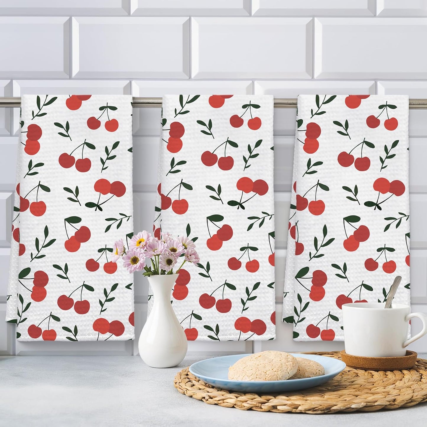 Cherry Decor Kitchen Towels Set of 3, Cherry Hand Towels Dish Towels for Kitchen Bathroom Decor, Fruit Lover Gifts, 16x24 Inches