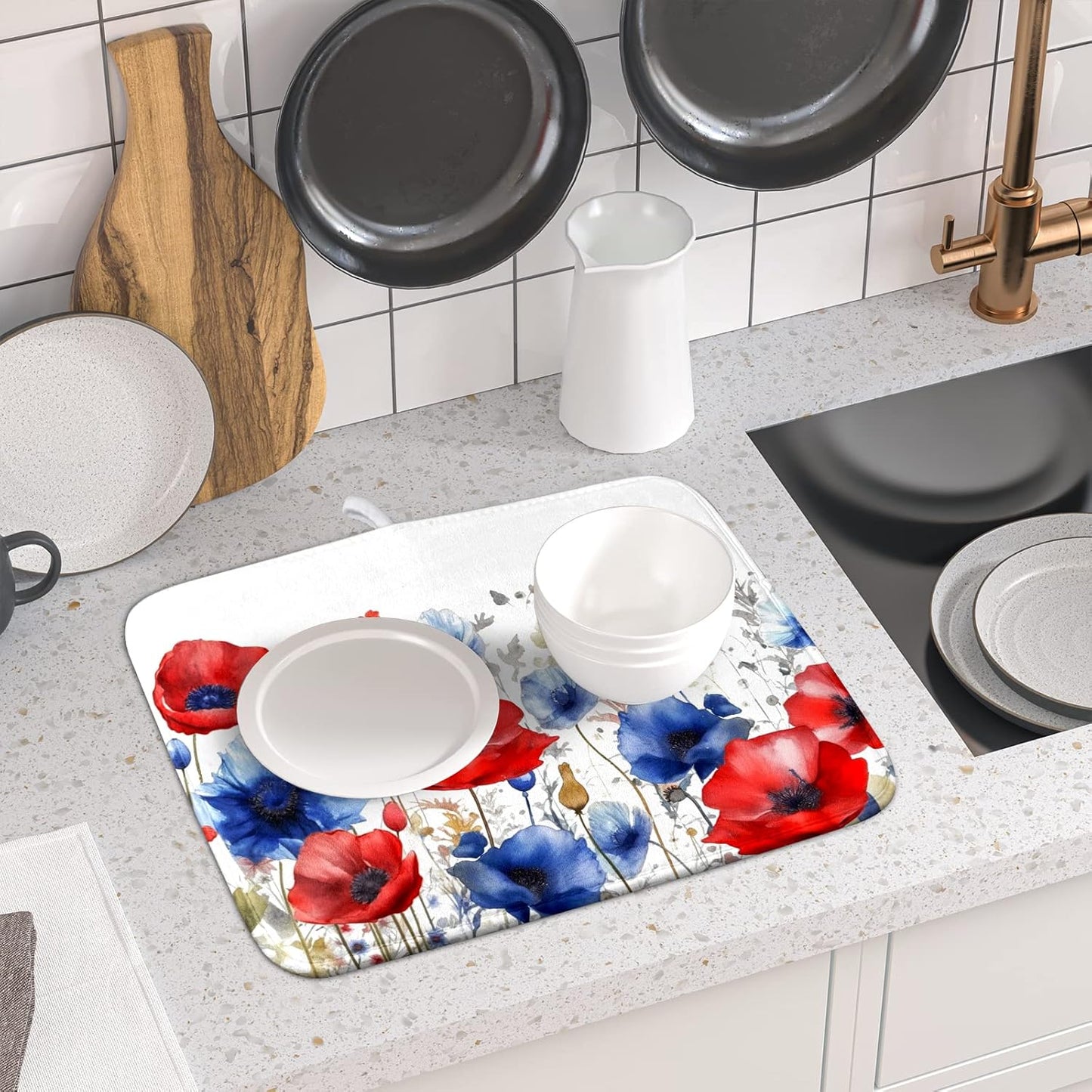 Poppy Flower Dish Drying Mat 16x18 for Kitchen Memorial Independence Day 4th of July USA Red Blue Flower Dishes Dry Pad Drainer Rack Mats Absorbent Hanging Loop Kitchen Accessories