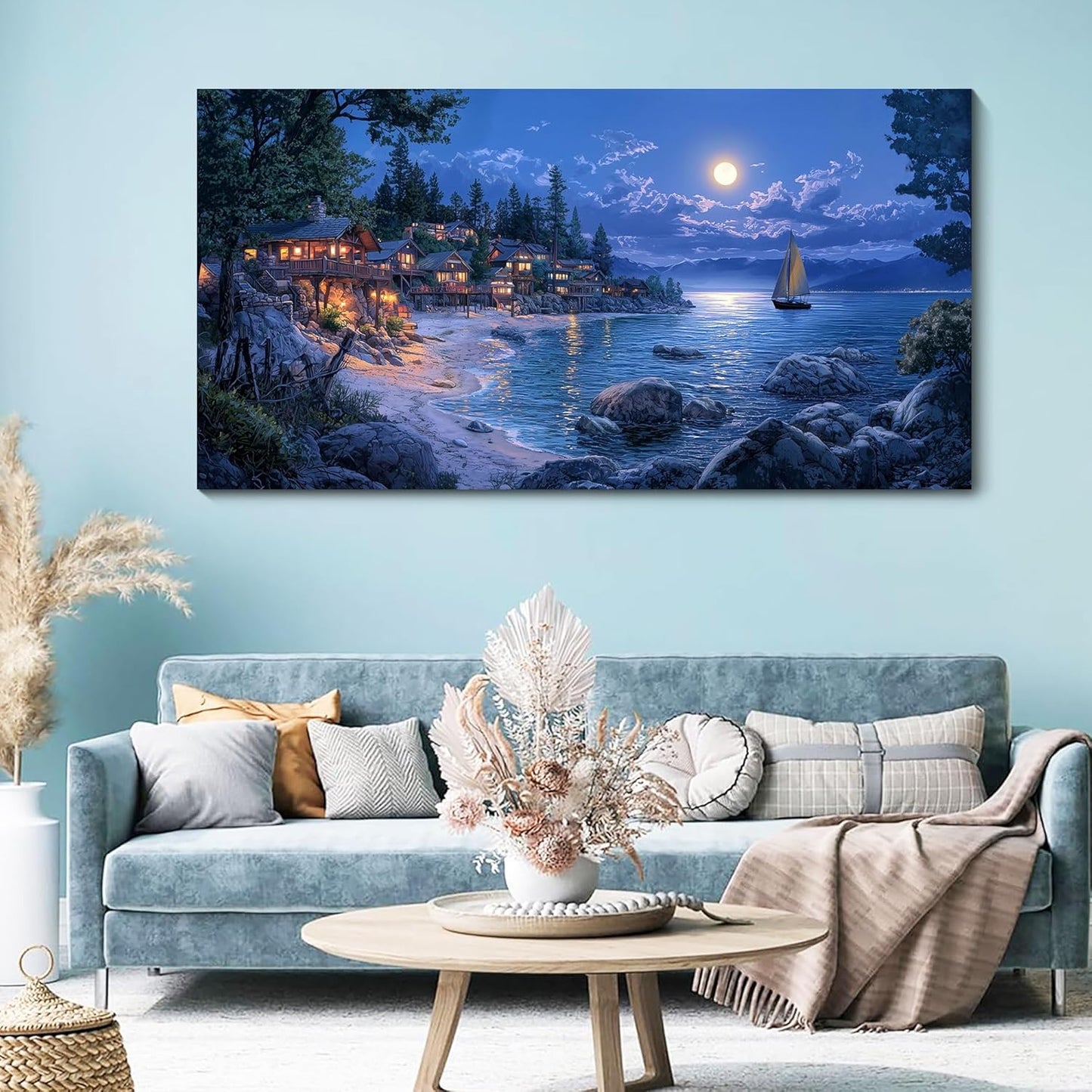 CHATYOUNG Bedroom Ocean Wall Art, Large Moon Night Sea View Canvas Wall Pictures Seashore Navy Blue Modern Artwork Wall Painting for Bedroom Living Room Kitchen Home Office Decor 29x58 IN