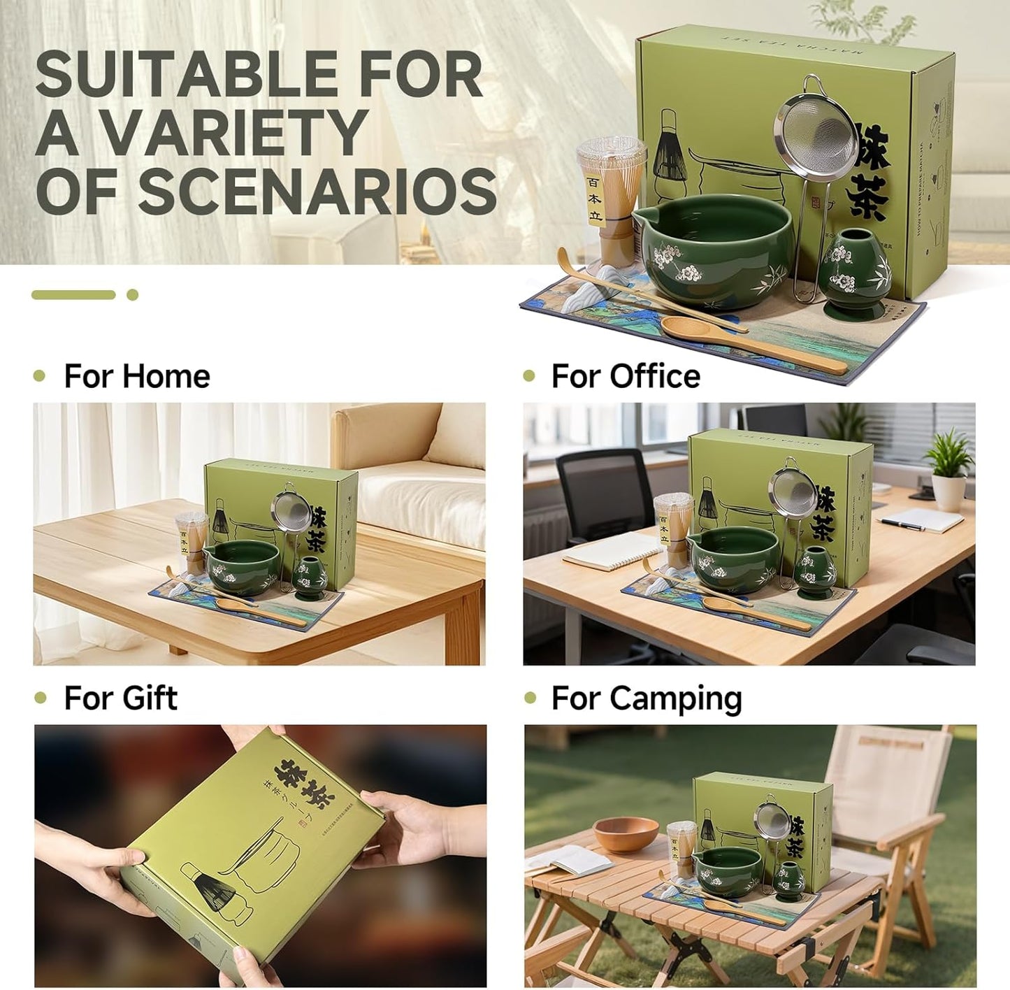 Matcha Whisk Set with Ceramic Bowl - Bamboo Whisk (Chasen), Scoop, Sifter & Holder - Complete Kit for Traditional Matcha Tea - Unique Gifts for Tea Lovers (Celadon Veil)