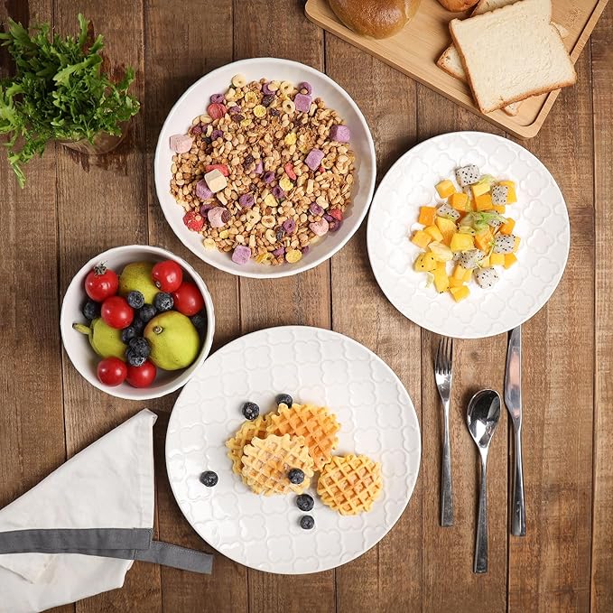 Sureasy Ceramic Dinnerware Set for 4-16 Pieces Embossed Plates and Bowls Sets, Scratch Resistant Dish Set, Microwave, Oven & Dishwasher Safe, White